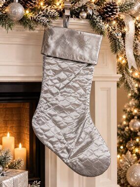 Holiday Time Silver Glitter Snowflake Quilted Christmas Stocking Decoration